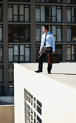 Image showing Businessman, suicide and roof with stress, depression and mental health with suitcase outdoor in city. Professional, person or employee on rooftop of building with anxiety, risk, crisis or suffering