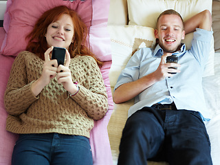 Image showing Long distance relationship, phone and couple in a bed for chat, bond or communication in different homes. Smartphone, networking app and top view of people with online dating, social media or texting