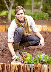 Image showing Portrait, man and smile for farming in vegetable garden for nutrition, natural and diet with organic produce. Male farmer, worker and job with planting, harvest or sustainable development for growth