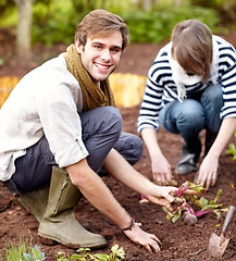 Image showing Vegetable, plant and portrait of couple gardening together in backyard with a harvest. Farming, growth and people working with beetroot and growing plants for sustainable, organic or vegan food