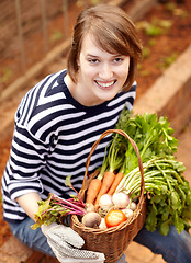 Image showing Portrait, happy woman and produce for harvest from garden, organic and fresh for agriculture. Female farmer, smile and gloves on hands for farming, healthy food or sustainable development in wellness