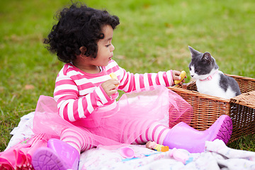 Image showing Food, picnic and a girl in the park with her kitten together for love, care or bonding during summer. Chips, cat and kids with a happy young child feeding her pet animal a snack in the garden