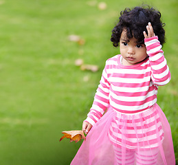 Image showing Nature, cute and girl child walking on grass in an outdoor garden with brown leaves in Autumn. Confused, backyard and young kid with childhood playing on the lawn in a field or park in countryside.