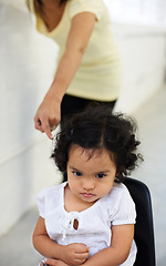 Image showing Young, girl and mother point scold for trouble discipline, childhood behaviour or tantrum. Daughter, chair and sad guilt parent fail or anger toddler authority, difficult child in home for attention