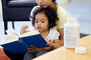 Image showing Mother, child and reading or book concentration pill bottle.adhd diagnosis, learning or development. Daughter, woman or childhood story knowledge discipline, medical pills capsules or school problem