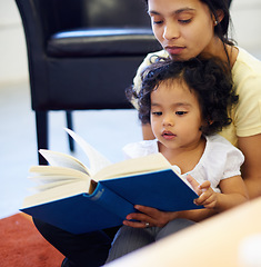 Image showing Mother, child and book reading in home for storytelling, childhood development or education learning. Little girl, woman and knowledge talk or information growth, fantasy imagine or bonding together