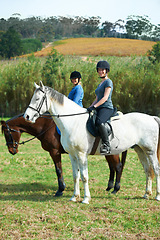 Image showing Women friends, horse riding and smile in portrait with helmet, ranger team or equestrian exercise. Girl outdoor together, jockey or happy on adventure, training or learning for contest in countryside