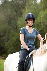 Image showing Horse riding, nature or portrait of happy woman in countryside outdoor with jockey for recreation. Sports, smile or female equestrian on an animal to start training, exercise or workout on a farm