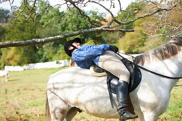 Image showing Tree, branch or woman horse riding in countryside outdoor with rider or jockey for recreation or wellness. Sports, flexible girl or equestrian ducking in training, exercise or workout in farm ranch