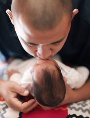 Image showing Child, father and newborn with kiss on bed together, support and trust with new family in home. Love, care and children, dad and sleeping baby relax in bedroom, relationship or kindness in apartment.