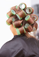 Image showing Hair care, woman in salon with curlers for beauty and luxury hairstyle at professional service from back. Haircare, rollers and girl at hairdresser with tools for wellness, color and style at spa.