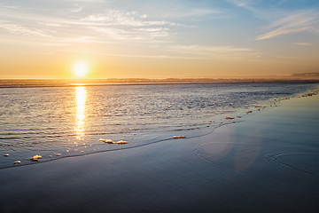 Image showing Atlantic ocean sunset with surging waves at Fonte da Telha beach, Portugal