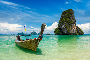 Image showing Long tail boat on beach, Thailand