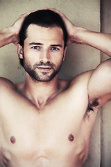 Image showing Chest, portrait and man in a bathroom for beauty, wellness or cosmetic treatment on wall background. Face, confident and guy model with dermatology, body care or shower routine results satisfaction