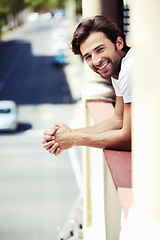 Image showing Hotel room, window and portrait of happy man on vacation with freedom, smile or positive attitude. Face, smile and male traveler relax in Italy for holiday, adventure or enjoy local accommodation