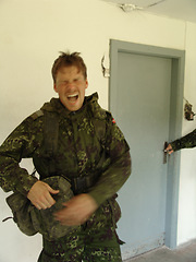 Image showing Soldier screaming in war, exercise or training in military, opening door and apartment. Army, professional and man shouting at doorway for fight, danger and surprise attack of warrior in conflict