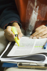 Image showing Hand, study highlight and student with a textbook closeup in a home for education, learning or growth. Paper, writing and school with a person reading information at a desk for university scholarship