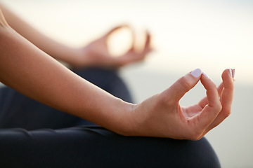 Image showing Closeup, yoga and hands in gesture for meditation, zen or calm with cleansing of chakra by outdoor. Female person, practice and health for wellness with gyan mudra pose for breathing, relax or peace