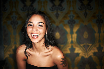 Image showing Woman, happy and laugh at nightclub in portrait, laughing and funny or enjoy at event, fun and relax. Mexican female person, smile and positive at party, energy and excited on face, comedy and club