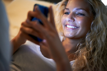 Image showing Night, bedroom and woman with phone relax for social media, online chatting and text message. Networking, communication and happy person on cellphone for internet, mobile app and contact at home