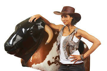Image showing Cowboy, woman and hands on rodeo bull machine for fitness portrait with western fashion in studio mockup. Model, smile face and strong body for wellness, exercise and texas sport by white background