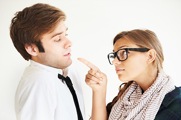 Image showing Angry, man and a woman pointing for communication, fight or conflict in the relationship. Partner, gesture and a couple in a conversation, scared and argument with fear, talking and toxic problem