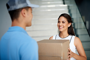 Image showing Customer, delivery guy or happy woman with box for ecommerce distribution or online shopping. Shipping services, smile or friendly courier man giving cardboard parcel, product or package in home