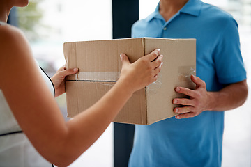Image showing Front door, delivery guy or hands of customer with boxes for ecommerce distribution or online shopping. Shipping services, closeup or courier man giving cardboard parcel, product or package in home