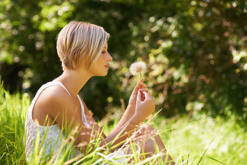 Image showing Dandelion, outdoor and woman with nature, relax and summer with hope, forest and vacation with ideas. Person, park and girl with sunshine, woods and holiday with travelling, sitting and spring