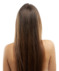 Image showing Hair, woman and treatment in studio with back view for mock up on white background in Russia. Female model, head and texture for heat, damage or mask with keratin, botox or hydration for self care