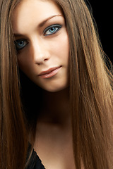 Image showing Beauty, cosmetics and portrait of woman isolated in studio with salon hairstyle, confidence and hair. Haircare, natural aesthetic and face of model girl with healthy style growth on black background.