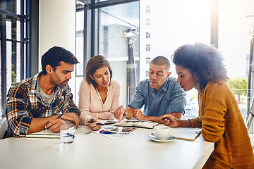 Image showing Editor, planning and teamwork in business meeting, office or press newspaper with writers in publishing. News, agency and group of people with strategy for report, newsletter and review of ideas