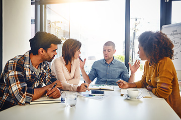 Image showing Editor, planning and teamwork in business meeting, office or press newspaper with writers brainstorming. News, agency and group of people with strategy for report, newsletter and review of ideas