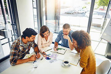 Image showing Team, review and meeting with stats and graphs of company target, goals or market research with data analysis. Above, table or paperwork report of growth, progress or startup performance analytics