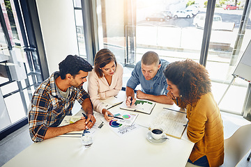 Image showing Review, team and meeting with stats and graphs of company target, goals or market research with data analysis. Above, table or paperwork report of growth, progress or startup performance analytics