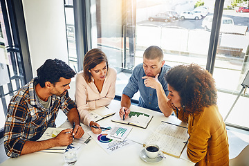 Image showing Team, review and meeting with stats and graphs of company kpi, target or market research with data analysis. Above, table or paperwork report of growth, progress or startup performance analytics