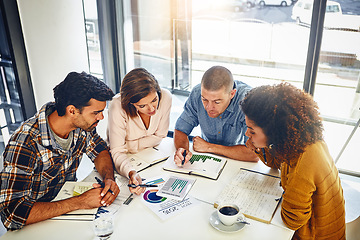 Image showing Team, meeting and review with stats and graphs of company target, kpi or market research with data analysis. Above, table or paperwork report of growth, progress or startup analytics of performance