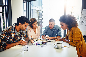 Image showing Editor, planning and teamwork in business meeting, office or press newspaper on tablet with writers. News, agency and group of people with strategy for report, newsletter app and review of ideas