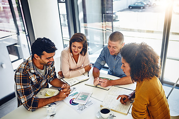 Image showing Office, meeting and paperwork with stats, data and analysis of report with market research for kpi and goals. Analytics, graphs and above people at desk in workplace with online marketing strategy