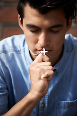 Image showing Man, mouth and praying with crucifix for faith, worship and spirituality for soul, support and belief. Male person, confession and hope for forgiveness from god, gratitude and trust in religion