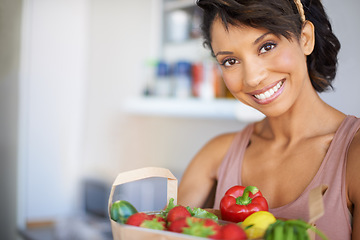 Image showing Happy woman, portrait and bag with groceries, vegetables or fresh produce in kitchen for meal at home. Female person or shopper smile with grocery resources, fruits or veg for food or health at house