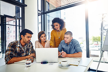 Image showing Planning, web design and team in office with laptop, market research or problem solving in development of project. Website, designer and people with technology for online marketing, SEO or strategy