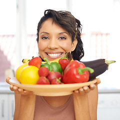 Image showing Portrait, cooking and vegetables with a woman in the kitchen of her home for nutrition, diet or meal preparation. Face, ingredients and a recipe for health food with a young person in her apartment