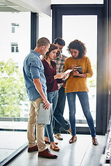 Image showing Web design, conversation and teamwork in office with tablet, planning and creative user experience on app. Workplace, group and collaboration with tech, development and meeting with website designer