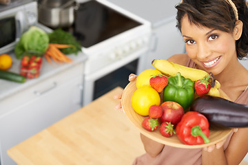 Image showing Portrait, space and vegetables with a woman in the kitchen of her home for nutrition, diet or meal preparation. Face, smile and a recipe for cooking healthy food with a young person in her apartment