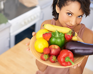 Image showing Portrait, fruit and vegetables with a woman in the kitchen of her home for nutrition, diet or meal preparation. Face, health and recipe ingredients for cooking food with a person in her apartment