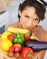 Image showing Portrait, food and vegetables with a woman in the kitchen of her home for nutrition, diet or meal preparation. Face, health and recipe ingredients for cooking with a young person in her apartment