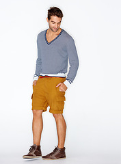 Image showing Fashion, clothes and casual with a man in studio on a white background for trendy hipster style. Model, natural and cool with a confident young person in a clothing outfit to relax for comfort