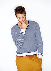 Image showing Fashion, clothes and cool with a man in studio on a white background for trendy hipster style. Model, natural and casual with a confident young person in a clothing outfit to relax for comfort
