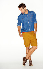 Image showing Fashion, clothes and natural with a man in studio on a white background for trendy hipster style. Model, casual and cool with a confident young person in a clothing outfit to relax for comfort